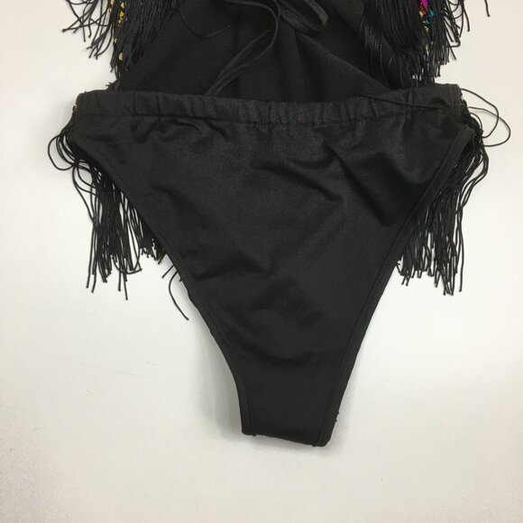 Black MultiColor Sequin Embellished Fringe Dancewear One Piece Costume Romper - Picture 12 of 12
